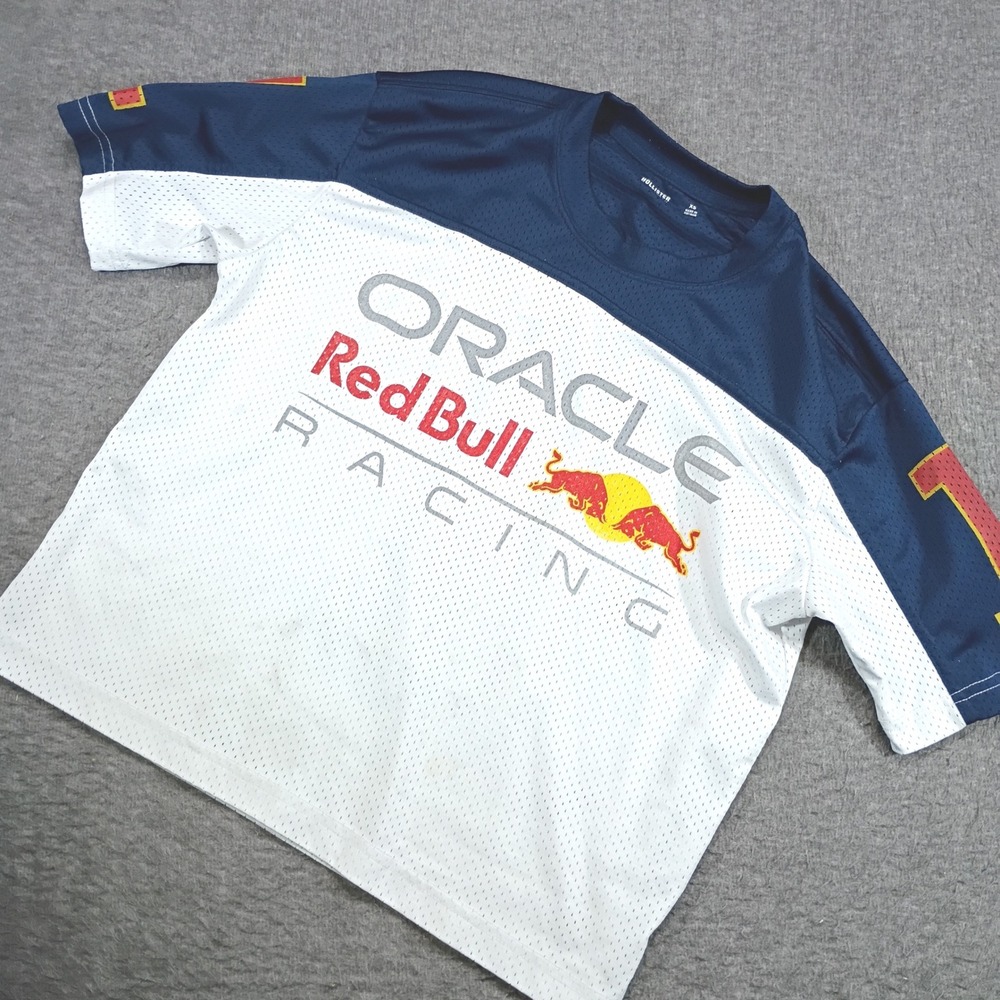 Hollister Red Bull Racing Jersey Women XS White Blue Verstappen Boxy Crop Mesh